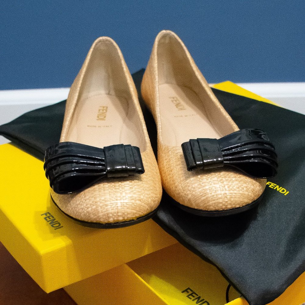 Fendi Ballerina Raffia + Vernice Flats - 38.5/8.5